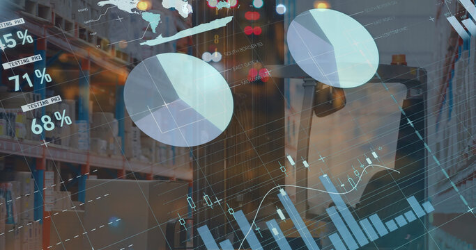 Image of graphs and financial data over forklift in warehouse - Powered by Adobe