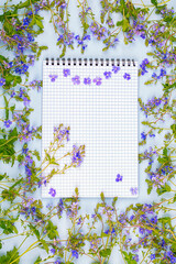 A notebook on a blue background in a frame of blue wildflowers. Mock-up