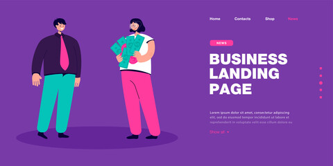 Cartoon bank employee giving loan to young woman. Happy girl holding money or cash flat vector illustration. Finances, investment, banking concept for banner, website design or landing web page