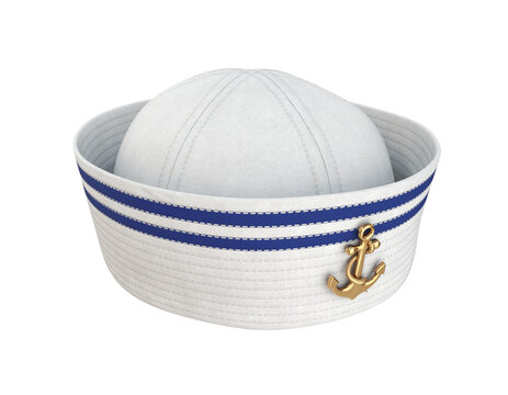 Sailor hat white with blue stripes and gold anchor, 3d render