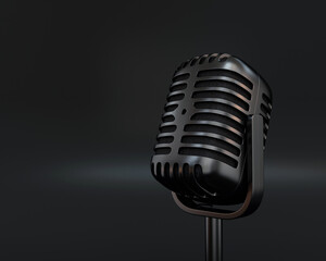 Retro microphone black close-up on a black background, 3d render