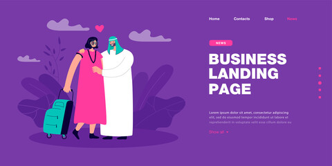 Happy Arab man and woman, couple standing together. Girl with travel suitcase flat vector illustration. Wedding in Emirates, romance, marriage concept for banner, website design or landing web page
