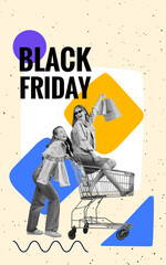 Creative poster, flyer with two happy girls with shopping bags ride on shop cart isolated on colorful abstract background. Concept of sales, black friday, discount, emotions