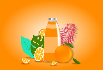 orange juice in a glass bottle. orange near the juice bottle. composition with tropical leaves and fruits