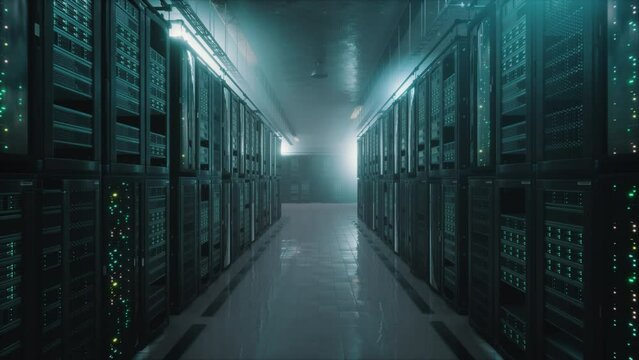 3D render slow camera motion through a modern, low-lit server room. Large racks with servers. Big data and remote cloud computing concept