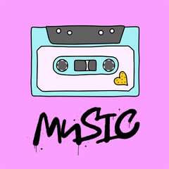 Obraz premium Funny cartoon illustration. Vector icon of tape. Graffiti word of Music. Comic element for sticker, poster, graphic tee print, bullet journal cover, card. 1990s, 1980s style. Bright colors.