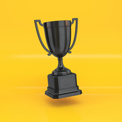 Black trophy cup floating on a yellow background, 3d render