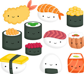 a vector of many types of sushi and a tempura
