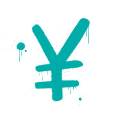 Vector illustration. Japanese yen symbol is on white background. Urban street graffiti style. Splash effects, drops, leaks. Grunge wall art. Concept for economy, finance, currency, exchange.