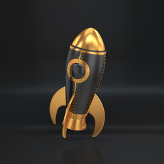 Gold and black rocket hovering on a black background, 3d render