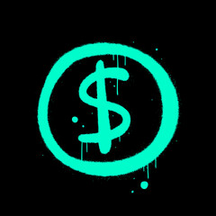 Vector illustration. Dollar coin symbol in circle. Urban street graffiti style with splash effects, drops. Neon blue color on black background. Concept for graphic tee, poster, banner, social media.