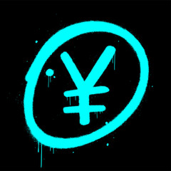 Fototapeta premium Vector illustration. Japanese yen symbol in circle. Neon blue tag is on white background. Urban street graffiti. Style of 80s, 90s. Grunge wall art. Concept for economy, finance, currency, exchange.