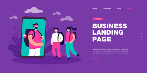 Father on giant phone screen talking to children. Traveler or backpacker on video call with boy and girl flat vector illustration. Camping, family, traveling concept for banner or landing web page