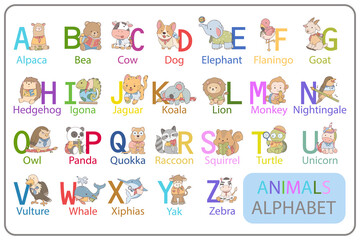 A-Z letter with animals, English alphabet poster