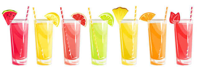 A set of freshly squeezed juices.Summer refreshing drinks, orange juice, grapefruit, lime, pineapple juice, strawberry juice with fruit slices. - obrazy, fototapety, plakaty