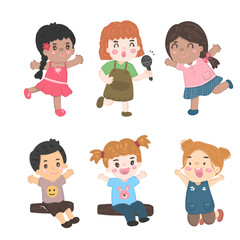 Collection of happy girls and boys portrait character illustration vector, diversity kids of nationalities sit and play on white background