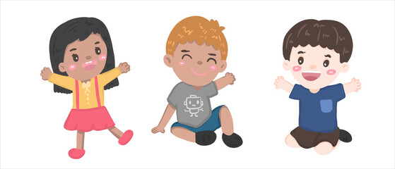 Collection of happy girls and boys portrait character illustration vector, diversity kids of nationalities sit and play on white background