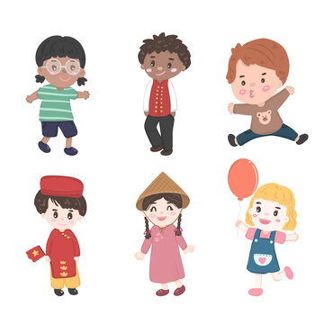 Collection of happy girls and boys portrait character illustration vector, diversity kids of nationalities