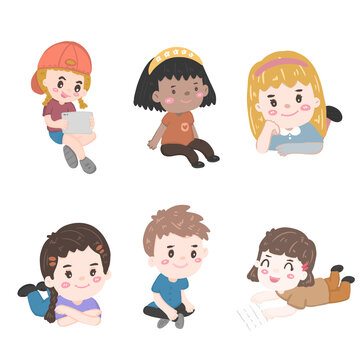 Collection of happy girls and boys portrait character illustration vector, diversity kids of nationalities sit and play on white background