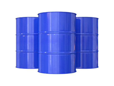 A group of blue metal barrels on a white background, 3d render
