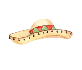 The sombrero is isolated on a white background. Watercolor Mexican hat illustration. Hand-drawn fiesta object. Mexican sombrero clipart. Colorful Latin accessory. Festival costume in a cartoon style.
