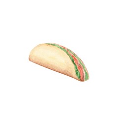 Taco is isolated on a white background. Watercolor Mexican food clipart. Spicy meal with tortilla, meat, tomatoes, and more. Fiesta fast food illustration. Fresh taco snack.