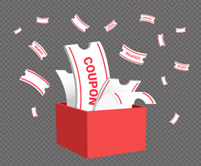 Gift box full of gift cards and coupons illustration set. shopping event, pay, store. Vector drawing. Hand drawn style.