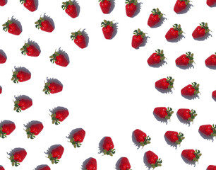 round frame of red strawberries on a white background. Top view. space for text. Creative healthy nutrition concept