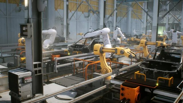 3D render of a robotic automatic conveyor line with robotic arms that perform welding work in an electric vehicle factory.