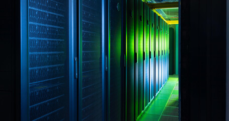 Image of empty corridor with row of blue and green computer servers