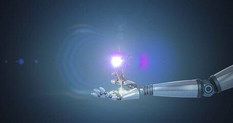 Image of growing plant and glowing light over hand of robot arm on dark purple background