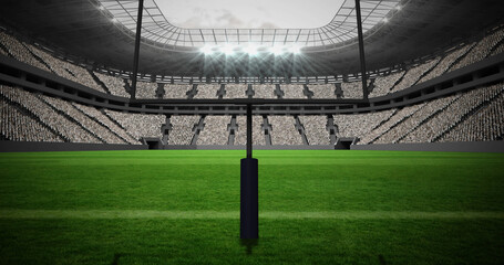 Image of american football goalposts and pitch, with cloudy sky at sports stadium