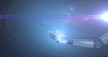 Fototapeta na wymiar Image of blue light and lens flare over hand of robot arm, with pulsing light on blue background