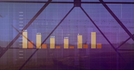 Image of financial data processing over electricity pylons and landscape