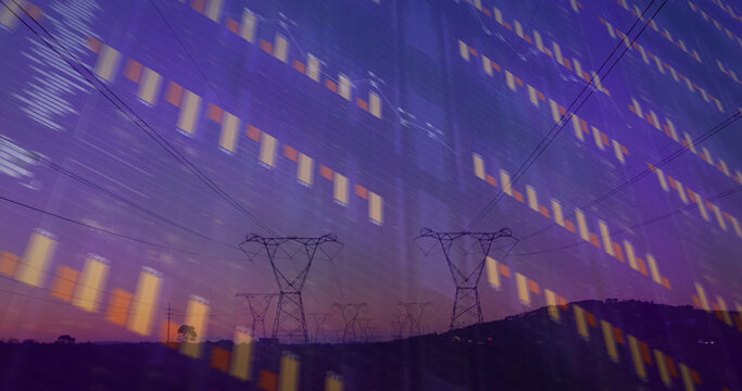 Image of financial data processing over electricity pylons and landscape - Powered by Adobe