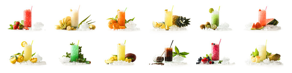Ice fruit drink collection with white isolated background - obrazy, fototapety, plakaty