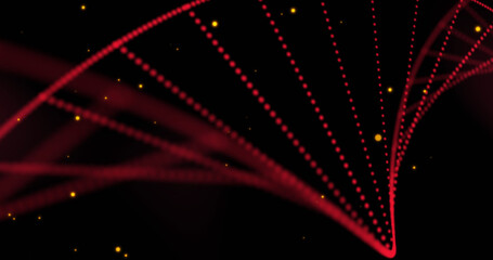 Fototapeta na wymiar Digital image of multiple red particles forming a dna structure against black background