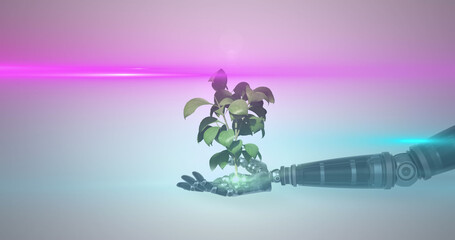 Image of growing plant in hand of robot arm, with pink light on grey background