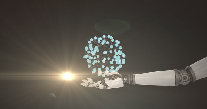 Image of growing network over hand of extended robot arm, with moving light on dark background