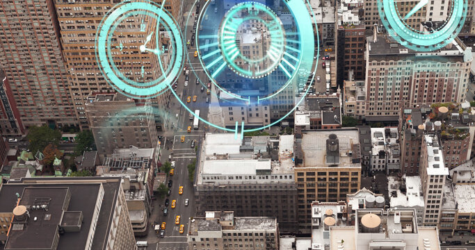 Image of moving clocks and scope scanning over cityscape - Powered by Adobe