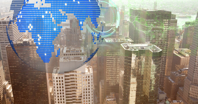 Image of digital brain, moving clocks and globe over cityscape