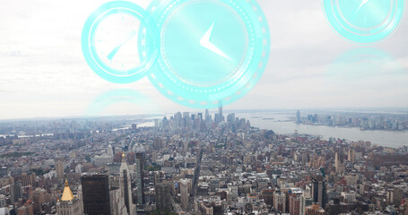Image of moving clocks over cityscape