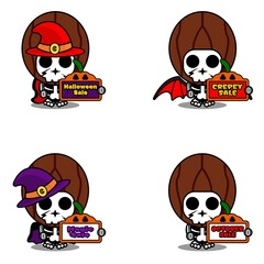 Halloween pumpkin party design sale board, vegetable skull costume vector illustration