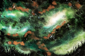 Fototapeta premium Milky Way in starry sky watercolor painting