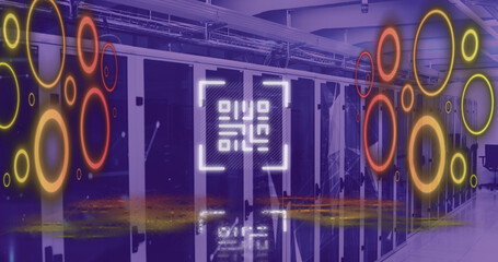 Image of qr code flashing with neon circles over computer servers