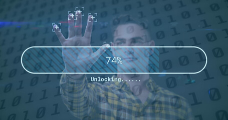 Caucasian man scanning his hand over futuristic screen with data processing against binary coding