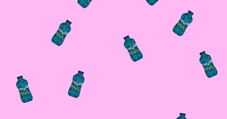Image of falling bottles icons with text stop using plastic on pink background