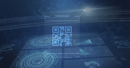 Image of qr code data scanning and processing over blue grid with scopes scanning and diagrams