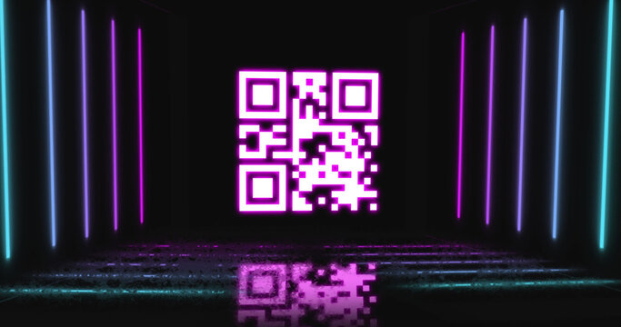Image of qr code flashing over neon stripes