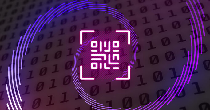 Image of qr code and spinning purple shapes over binary coding
